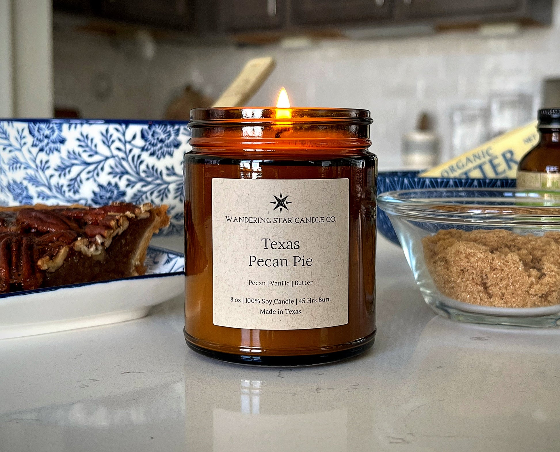 Photo of an amber jar candle with the scent on Texas Pecan Pie